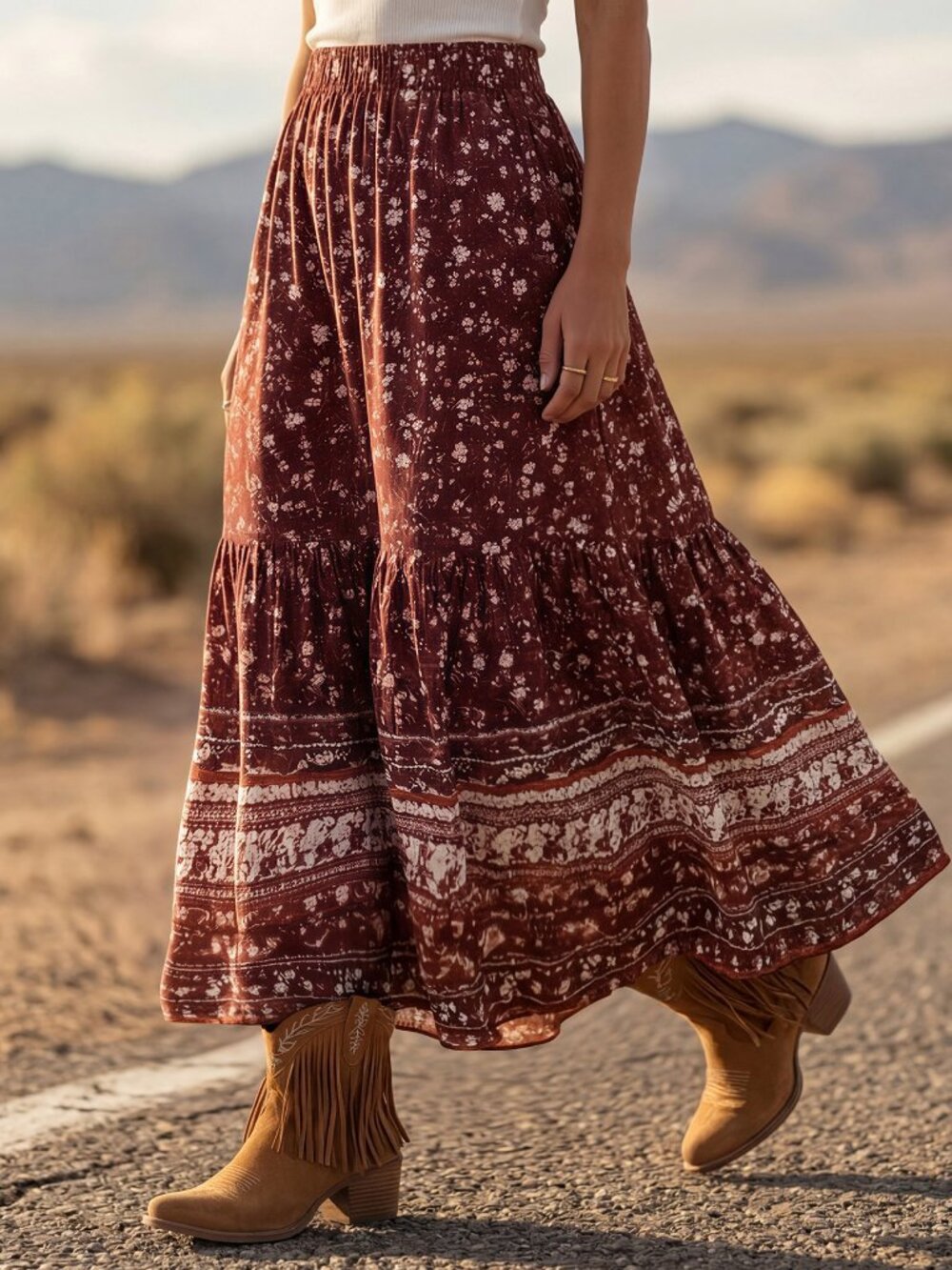Multicolor Boho Women's Western Style Ditsy Floral Casual Skirt - Picture 5 of 8